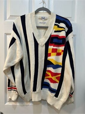 Vtg Pringle of Scotland Hand Intarsia Sweater Men Sz L Cotton Flags Cable Knit